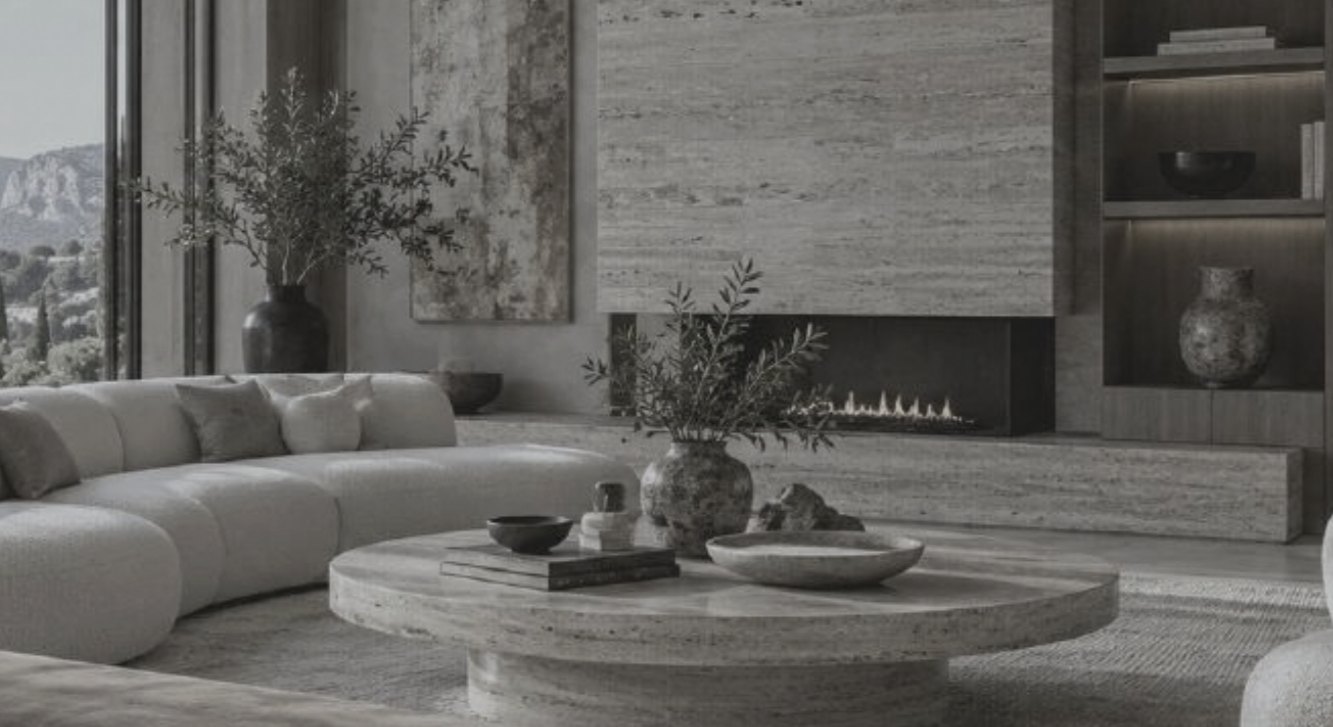 Living room with travertine fireplace wall and curved sofa