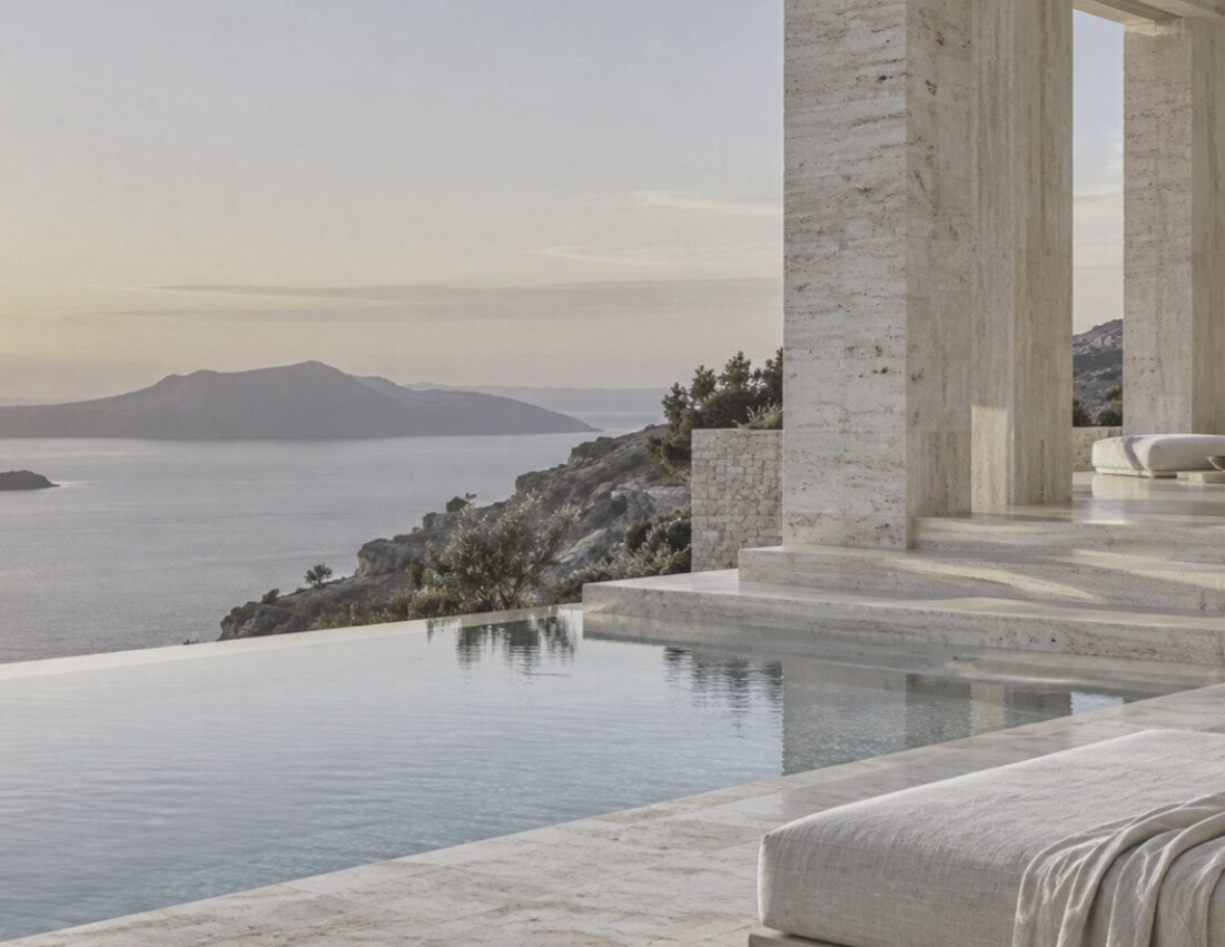 Villa terrace with infinity pool above the sea