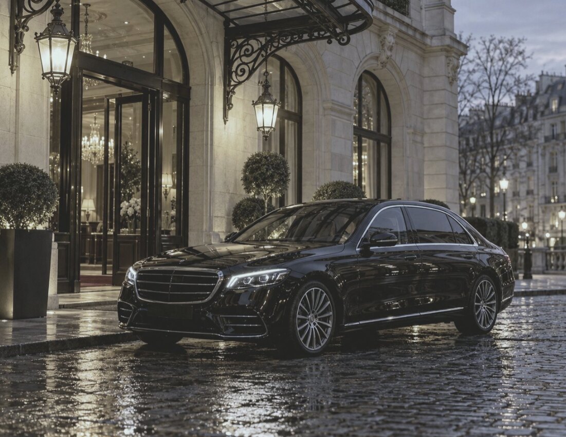 Chauffeured car outside a grand hotel